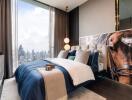 Modern bedroom with city view and artistic decor