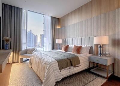 Modern bedroom with city view and elegant interior design