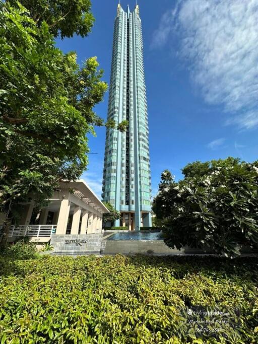 Tall modern residential skyscraper with greenery in the foreground