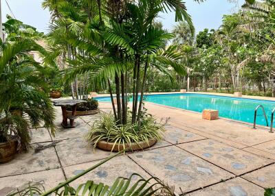 Spacious outdoor pool surrounded by lush tropical greenery and comfortable seating