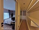 Modern bedroom with stylish lighting and ample storage