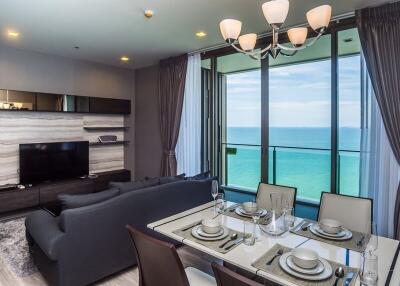 Modern living room with ocean view through large windows