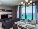 Modern living room with ocean view through large windows