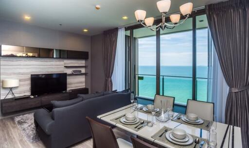 Modern living room with ocean view through large windows