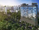 Modern high-rise residential building with lush green surroundings and city skyline in the background