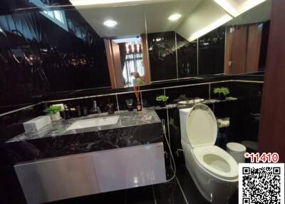Modern bathroom interior with dark marble finishing