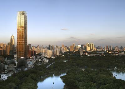 Panoramic view of a modern city skyline at dusk