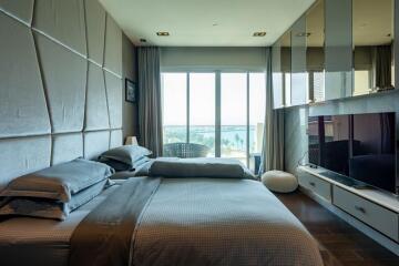 Contemporary bedroom with a scenic view