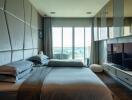 Contemporary bedroom with a scenic view