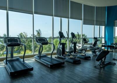 Modern gym with treadmills overlooking large windows with natural light