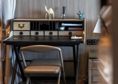 Modern home office with stylish desk and storage compartments