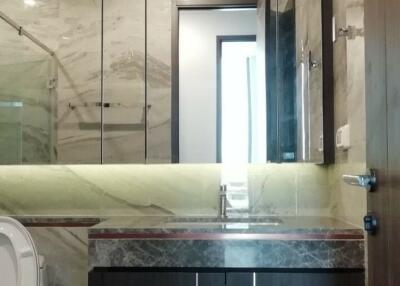 Modern bathroom with marble countertops and mirrored cabinets