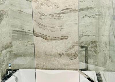 Modern bathroom with luxurious marble walls and glass shower enclosure