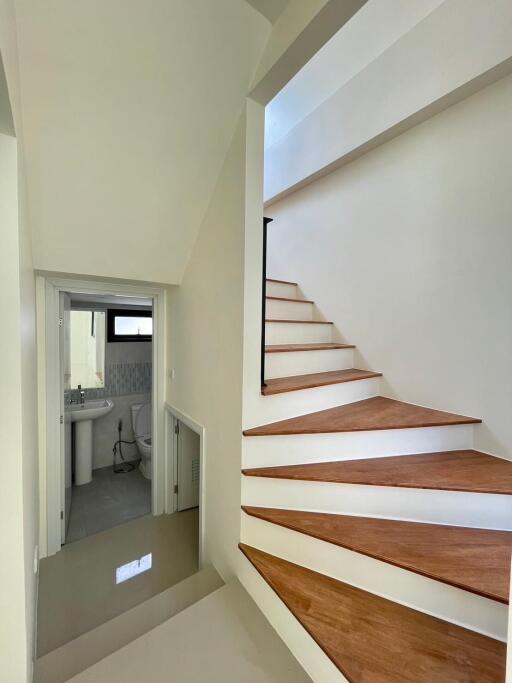 Brightly lit staircase with wooden steps leading to an upper floor and a view into a modern bathroom