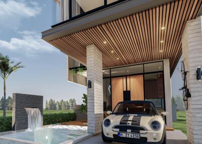 Modern home exterior with stylish entrance and sporty car parked outside