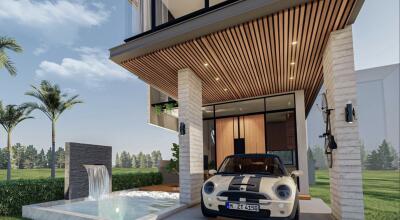 Modern home exterior with stylish entrance and sporty car parked outside