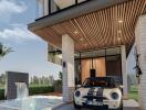 Modern home exterior with stylish entrance and sporty car parked outside