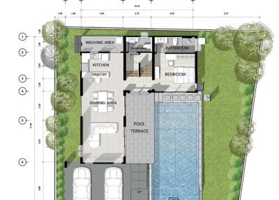 Architectural plan of a residential building featuring interior and exterior layout