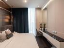 Elegant modern bedroom with neutral tones and stylish decor