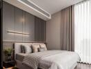 Modern bedroom with stylish interior design, featuring a large bed, sleek lighting, and elegant decor