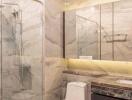 Elegant bathroom with marble finishes and glass shower