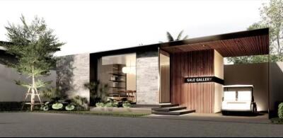 Modern architectural design of a real estate sales gallery with elegant exterior