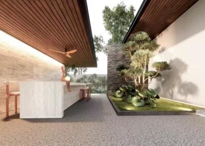 Modern building hallway with elegant design featuring natural elements and ample lighting