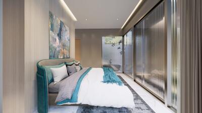 Elegant modern bedroom with large art piece and sleek design