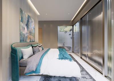 Elegant modern bedroom with large art piece and sleek design