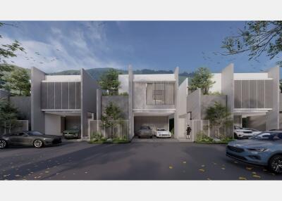 Modern residential complex with stylish townhouses and parked cars