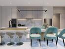 Modern kitchen with dining area featuring elegant design and high-end finishes