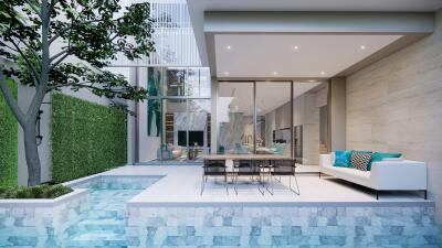 Modern outdoor living space with pool and seating area