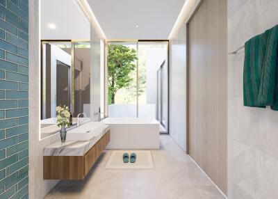 Modern bathroom with a bathtub and large mirror