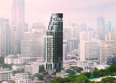 High-rise modern building amidst city skyline