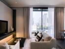 Elegant living room with modern decor and city view