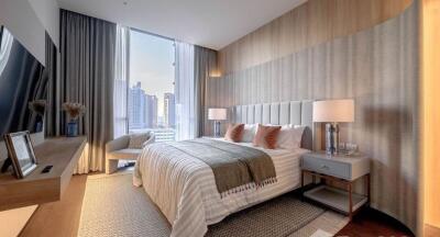 Modern bedroom with panoramic city view through large windows