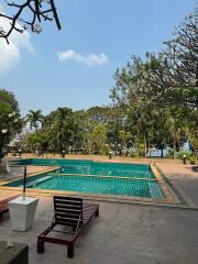 Tranquil outdoor swimming pool surrounded by trees with lounge chairs