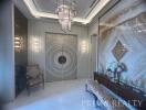 Luxurious lobby entrance with marble walls and designer furnishings