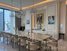 Elegant dining room with large table and luxurious decor overlooking the city