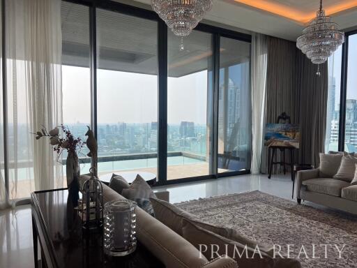 Elegant high-rise apartment living room with panoramic city views
