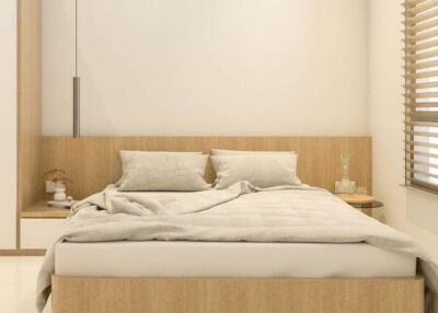 Modern simplistic bedroom with neutral tones and wooden accents
