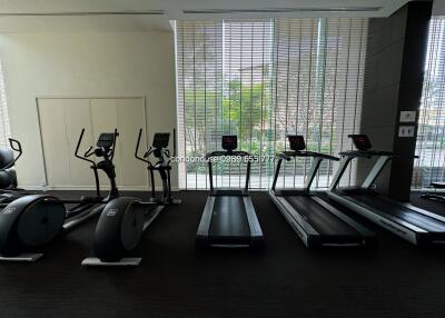 Modern condo gym with various workout equipment facing large windows