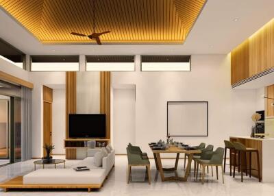 Spacious modern living room with integrated dining area and kitchen