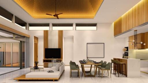 Spacious modern living room with integrated dining area and kitchen