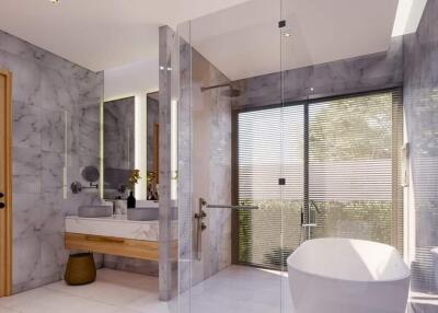 Modern spacious bathroom with natural light and contemporary design