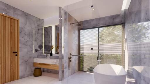 Modern spacious bathroom with natural light and contemporary design