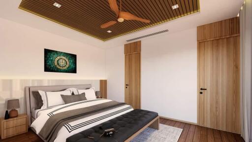 Modern bedroom with wooden elements and contemporary design