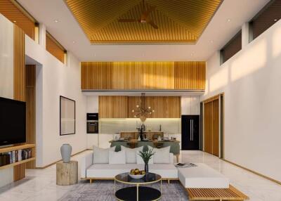 Spacious and modern living room with high ceiling and integrated kitchen