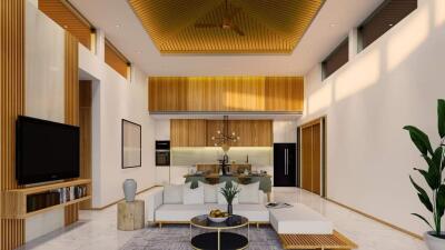 Spacious and modern living room with high ceiling and integrated kitchen