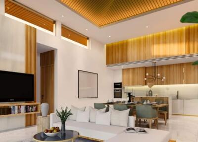 Modern open plan living room and kitchen with elegant wooden finishes and contemporary furniture